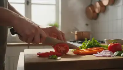 Vibrant, photorealistic image of a person mindfully chopping fresh, colorful vegetables like tomatoes and carrots on a rustic wooden cutting board. Focus on the sensory details: the glint of the knife, the rich textures of the fresh produce, and the hands working with absolute presence. Bright, natural kitchen lighting.