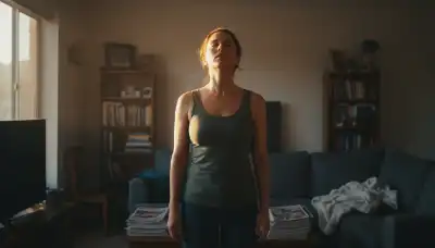 Photorealistic image of a person standing perfectly still in the middle of a slightly untidy living room, taking a deep mindful breath with closed eyes. Warm sunlight illuminates their face, contrasting with the shadows of the room. Cinematic lighting, peaceful expression, conveying a mental pause amidst the invisible mental load.