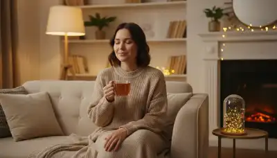 Photorealistic image of a person sitting peacefully on a comfortable sofa holding a warm cup of tea, looking deeply relaxed and neurologically rested. Soft, cozy living room environment in the background with warm ambient lighting. The scene conveys a profound sense of inner peace and true rest after active meditation.
