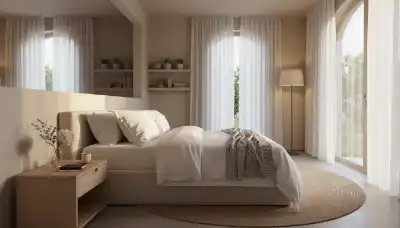 Wide photorealistic shot of a beautifully organized, clean, and serene bedroom bathed in soft natural morning light. A perfectly made bed with plush pillows and smooth sheets. A small vase with fresh flowers on the nightstand. Architectural photography style, warm, inviting, looking like a peaceful inner sanctuary.