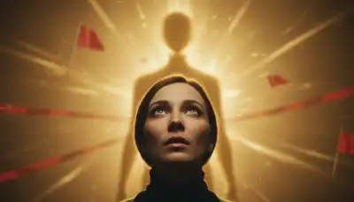 A conceptual photorealistic portrait showing a silhouette or out-of-focus figure glowing with a warm, idealized golden aura in the background, while the person observing them is in sharp foreground focus, looking up with mesmerized, glassy eyes. Cinematic depth of field, with subtle, blurred visual metaphors of red warning tape or red flags delicately integrated into the out-of-focus background. High-end editorial photography.