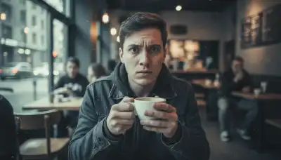 A photorealistic image of a young adult sitting in a busy, crowded coffee shop, but appearing completely isolated and disconnected from the environment. The surrounding people and background are heavily motion-blurred and desaturated, while the main subject is in hyper-sharp focus, looking stressed, hyper-vigilant, and clutching a coffee cup tightly. Cinematic color grading to convey psychological tension and a chronic state of alert.