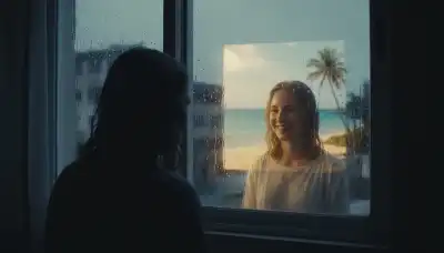 A poignant, photorealistic image of a person looking out of a dark, rain-streaked window. Their reflection in the glass shows a completely different, idealized, and sunny scene where they are smiling warmly, representing a perfect fantasy. The stark contrast between the cold, lonely reality inside the room and the bright, warm reflection highlights the concept of mental escape and emotional dissociation. High resolution, profound emotional depth.