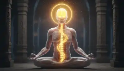Una visualización artística y fotorrealista de la anatomía humana sutil, mostrando un flujo de líquido brillante y dorado ascendiendo por el canal de la columna vertebral hacia el centro de la cabeza de una figura en meditación profunda. El área del cerebro está iluminada, demostrando tensión y energía enfocada.