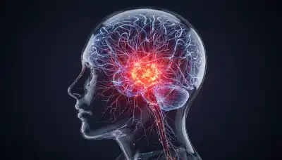 Photorealistic close-up of a glass-like human head silhouette with a glowing, intricate neural network visible inside. The amygdala region in the center is glowing brightly in urgent red and orange hues, showing a nervous system in 'high alert' mode. Dark background, scientific, aesthetic lighting, macro photography style.