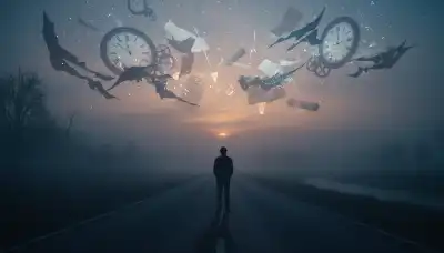Cinematic, photorealistic shot of an adult standing alone on a misty, empty road at twilight. Above them, semi-transparent ghost-like projections of swirling clocks, chaotic documents, and dark abstract shapes loom in the fog, representing the mind creating catastrophic phantoms of the future. Moody, atmospheric lighting, high contrast.