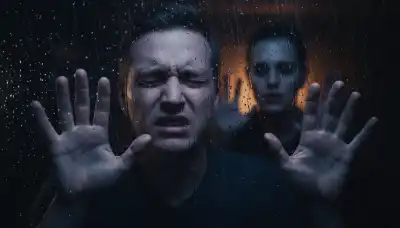 A photorealistic, artistic portrait of a person pressing their hands against a wet glass window. On the other side of the glass, a shadowy, slightly distorted reflection of themselves is visible in the dark, representing the repressed anxiety or the 'shadow'. Raindrops on the glass, moody and cinematic lighting, profound emotional depth.