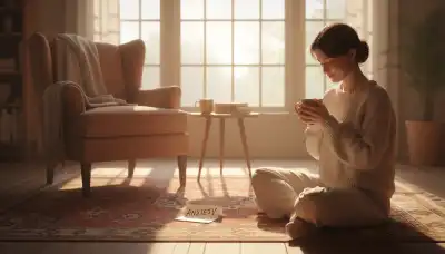 A heartwarming, photorealistic scene of a person sitting peacefully in a cozy, sunlit room, gently holding a warm cup of tea with both hands. Across from them is an empty, comfortable armchair, implying they are holding space for their anxiety as an accepted guest. Soft natural sunlight streaming through a large window, warm and inviting colors.