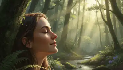 Close-up photorealistic profile of a person with their eyes gently closed, taking a deep, calming breath in a serene natural setting, like a peaceful green forest. The soft morning sunlight highlights their relaxed facial muscles and peaceful expression. Ethereal lighting, evoking a parasympathetic nervous system state of complete safety. 8k, highly detailed.