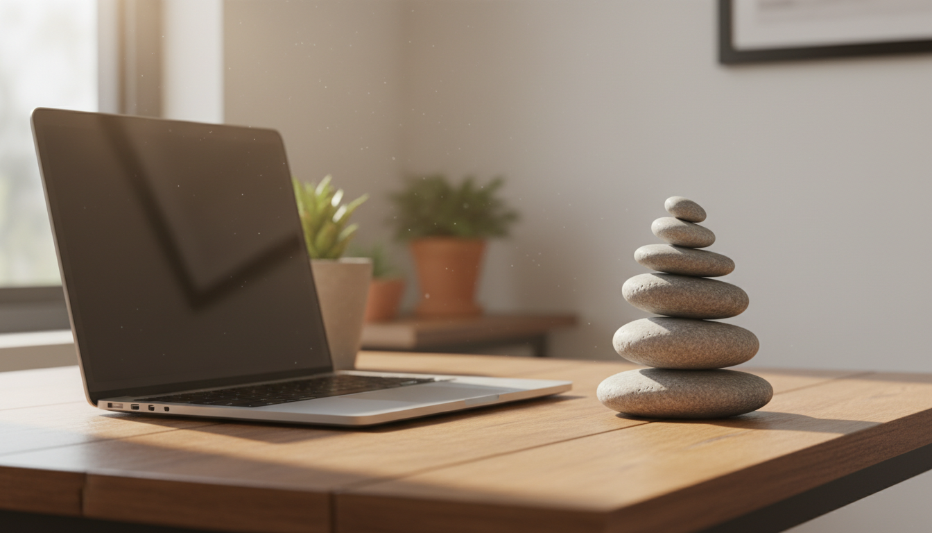 A minimalist Zen stone stack on a polished wooden desk next to a modern laptop, symbolizing the balance between technology and mental peace, soft morning sunlight.