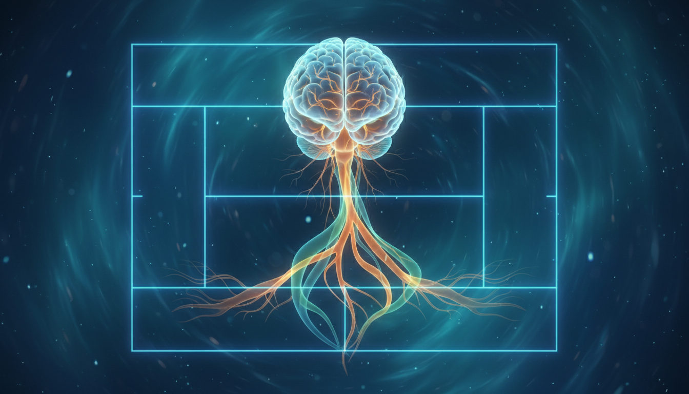 An artistic visualization of the human nervous system in a state of calm, showing a glowing Vagus nerve and a peaceful brain, overlaid with a subtle tennis court grid, blue and teal tones, symbolizing emotional regulation.