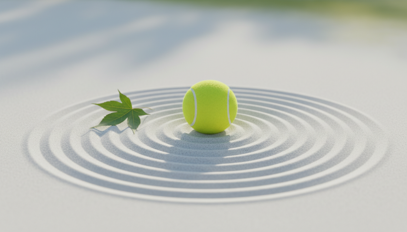 A serene Zen-style composition featuring a tennis ball resting on white sand with raked patterns, a single green leaf nearby, minimalist aesthetic, representing mental clarity and the philosophy of the beginner's mind.