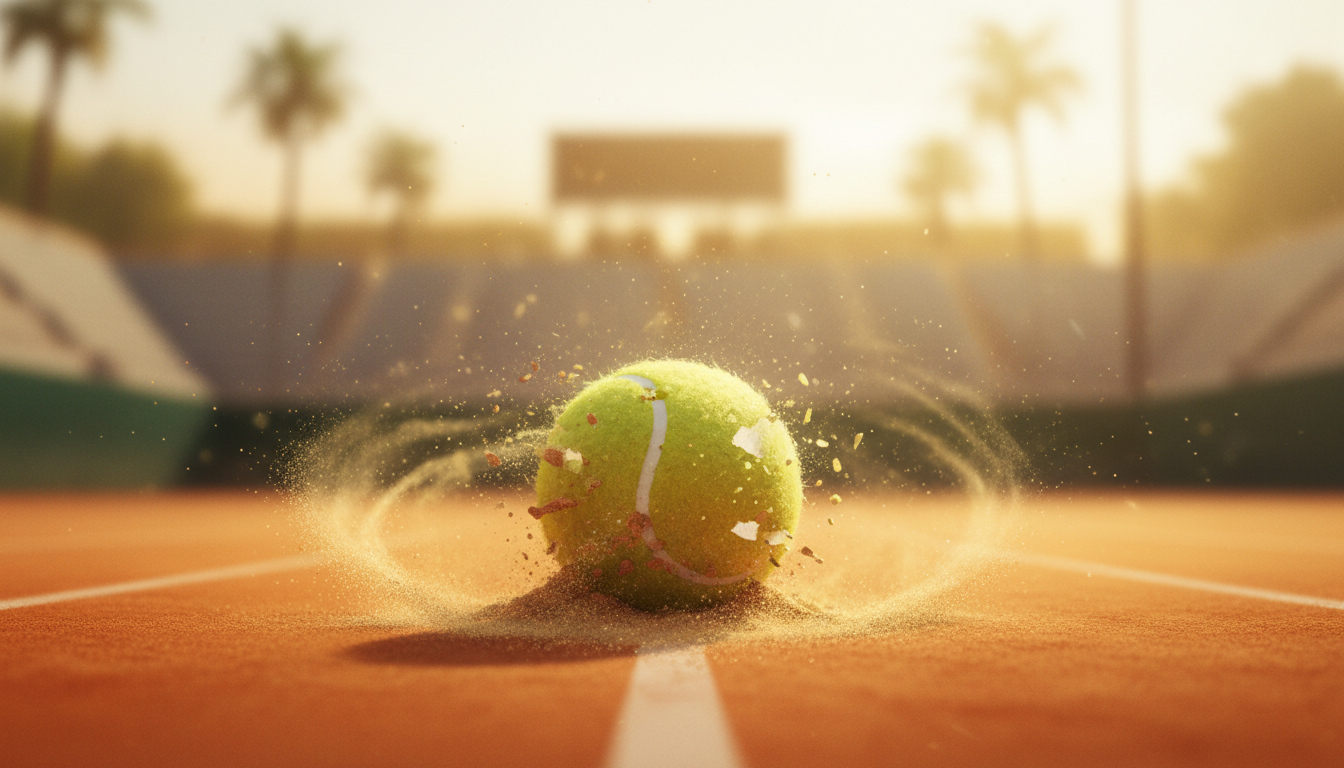 Artistic shot of a tennis ball on a sun-drenched court, partially dissolving into ethereal mist or sand, representing the Buddhist concept of impermanence and the passing of time. Golden hour lighting, shallow depth of field, poetic and minimalist.
