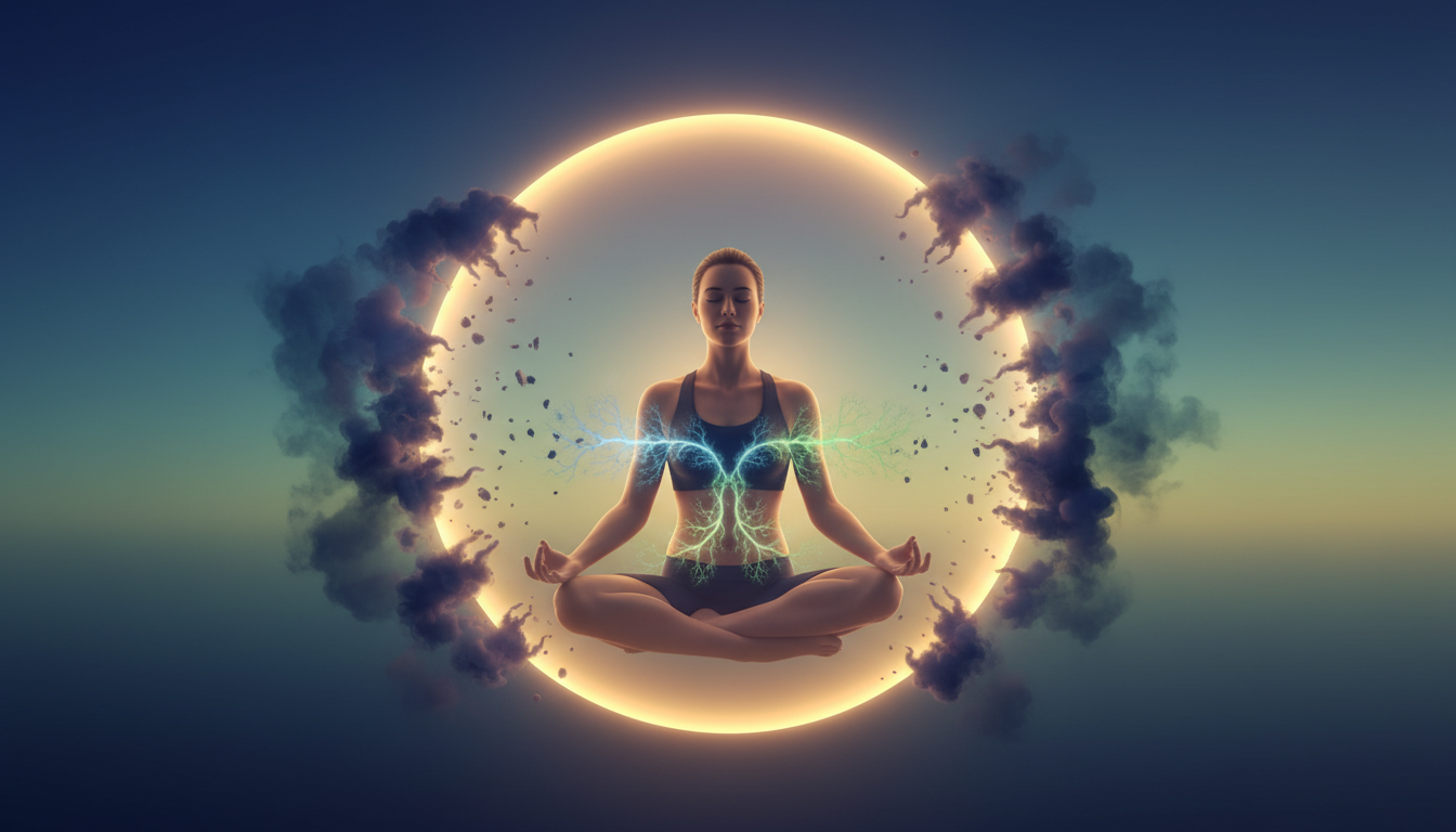Conceptual digital art representing emotional regulation: a glowing golden aura or shield surrounding a focused athlete, deflecting dark, turbulent clouds of smoke that symbolize stress and pressure. Vibrant colors, clean composition, symbolic of the vagus nerve's calm.