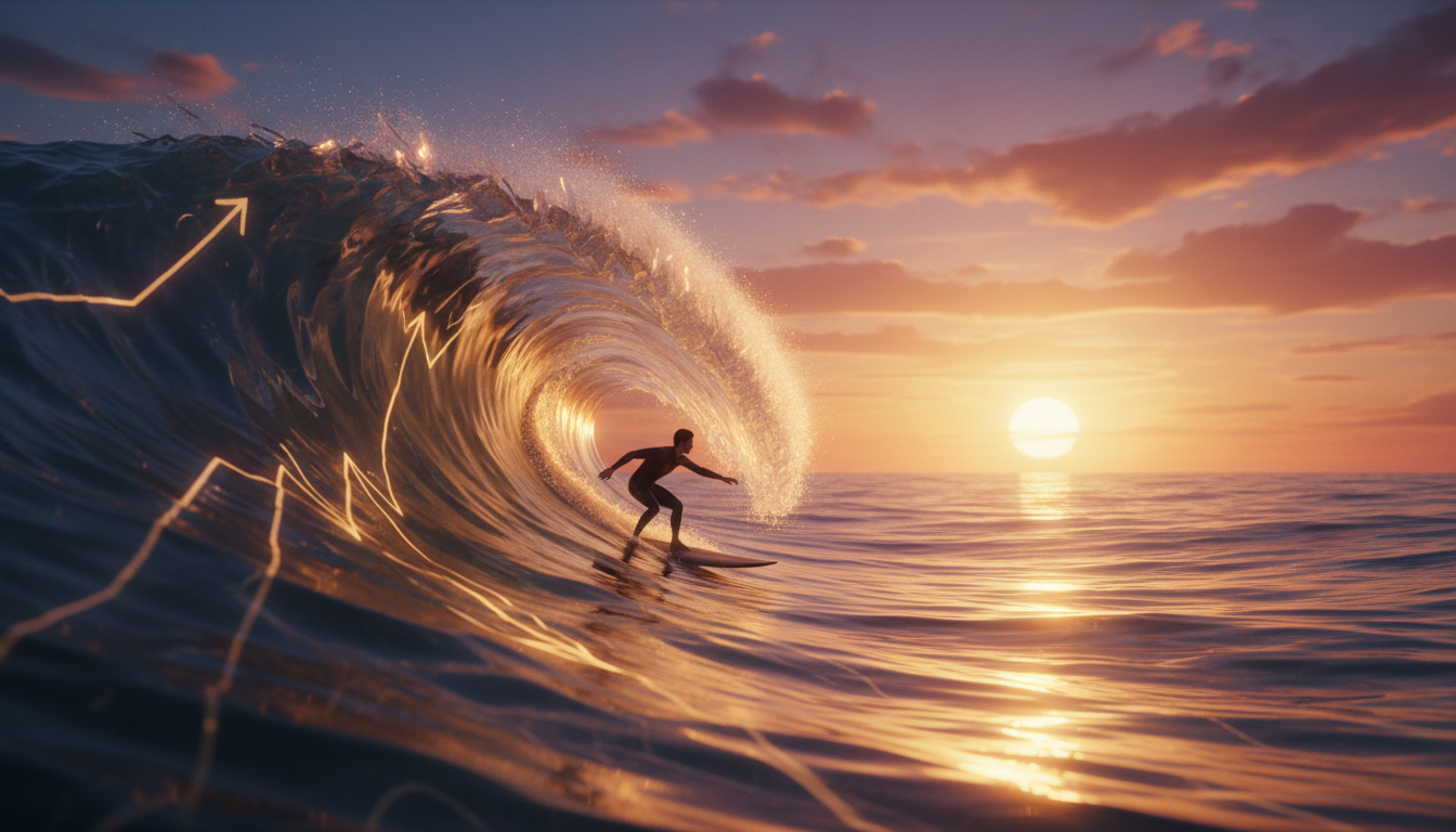 Cinematic shot of a professional surfer gliding effortlessly on a massive golden wave during sunset, the water texture is crystalline and fluid, representing the perfect alignment with market energy, metaphorical business photography, 8k.