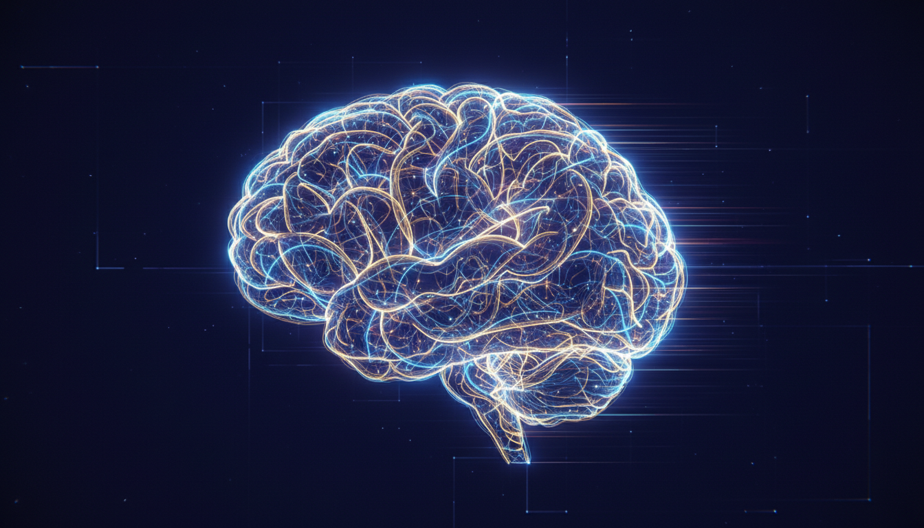 A conceptual visual of a human brain silhouette in a dark void, filled with vibrant blue and gold neural pathways glowing intensely, symbolizing the state of flow and peak performance without fatigue, high-tech aesthetic.