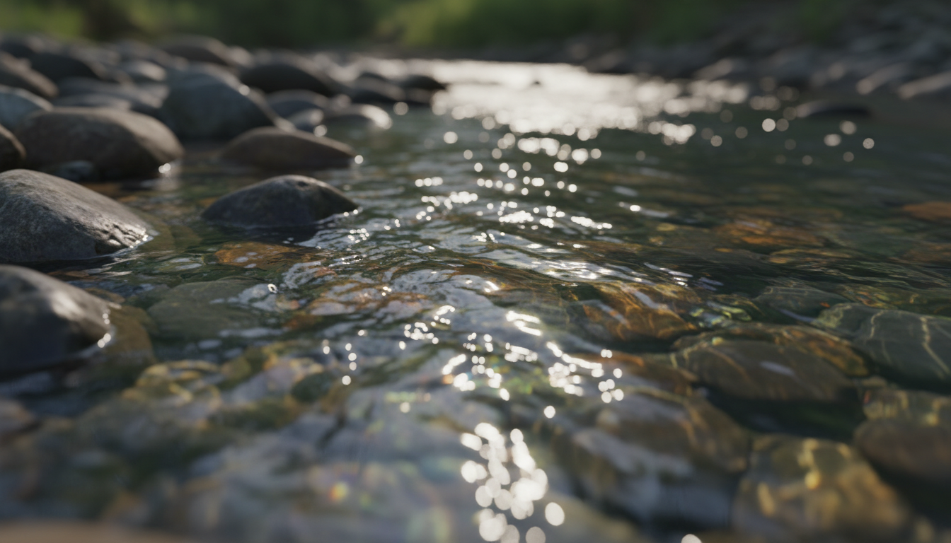 Macro photography of clear water flowing gracefully around dark river stones, sunlight creating prismatic reflections on the ripples, representing flexible leadership and non-resistance, serene atmosphere, high detail.