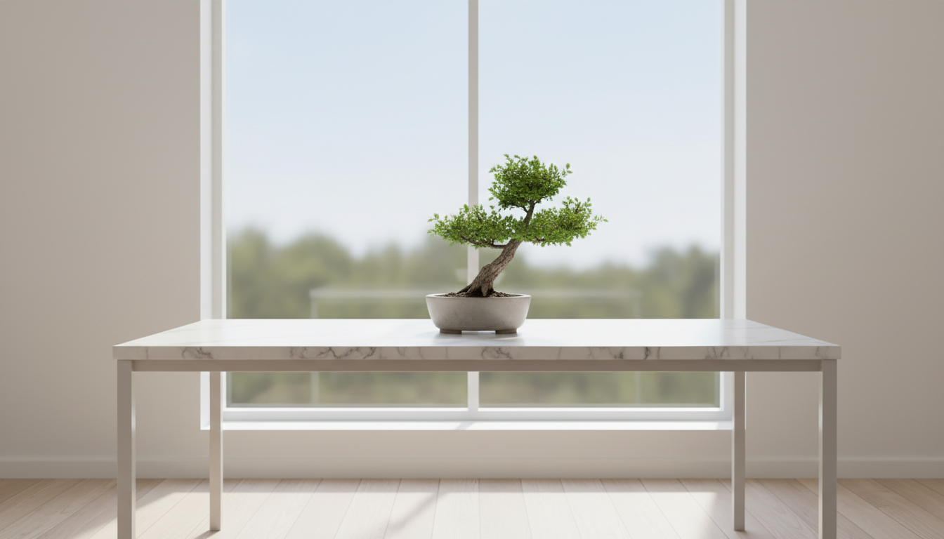 A serene minimalist workspace with a single green bonsai tree on a white marble desk, soft natural light coming through a large window, symbolic of the beginner's mind and Zen clarity in decision making, professional photography.