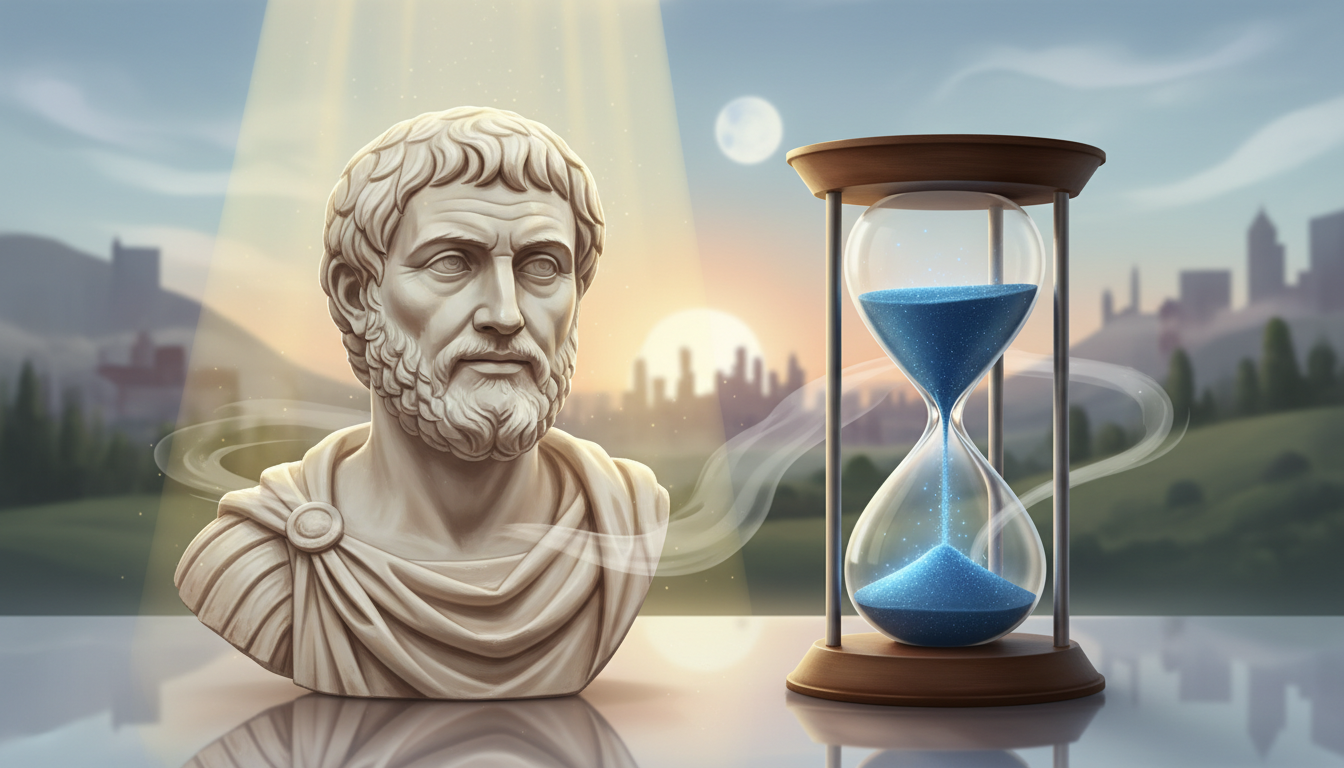 Ancient marble bust of Marcus Aurelius next to a modern hourglass, serene lighting, representing the bridge between ancient wisdom and modern anxiety.