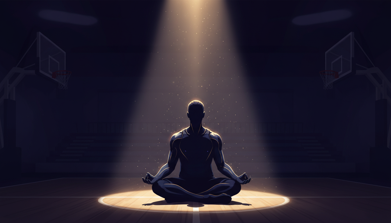 Silhouette of a basketball player in a focused, meditative pose inside a dark gym, a single spotlight highlighting discipline and presence, inspired by the Mamba Mentality.