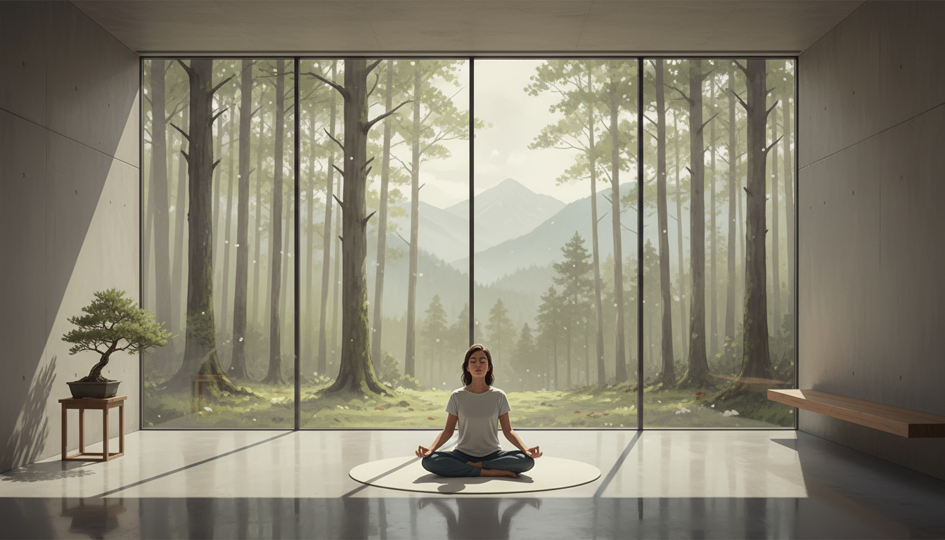 Minimalist photography of a person practicing breathing exercises in a quiet, modern room with large windows overlooking a calm forest.