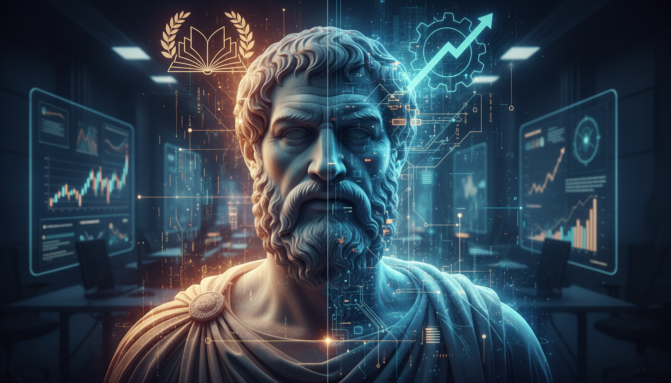 Ancient Roman bust of a philosopher merging into a modern digital data interface, representing the connection between Stoicism and modern business strategy, dramatic lighting, sharp focus, cinematic atmosphere.