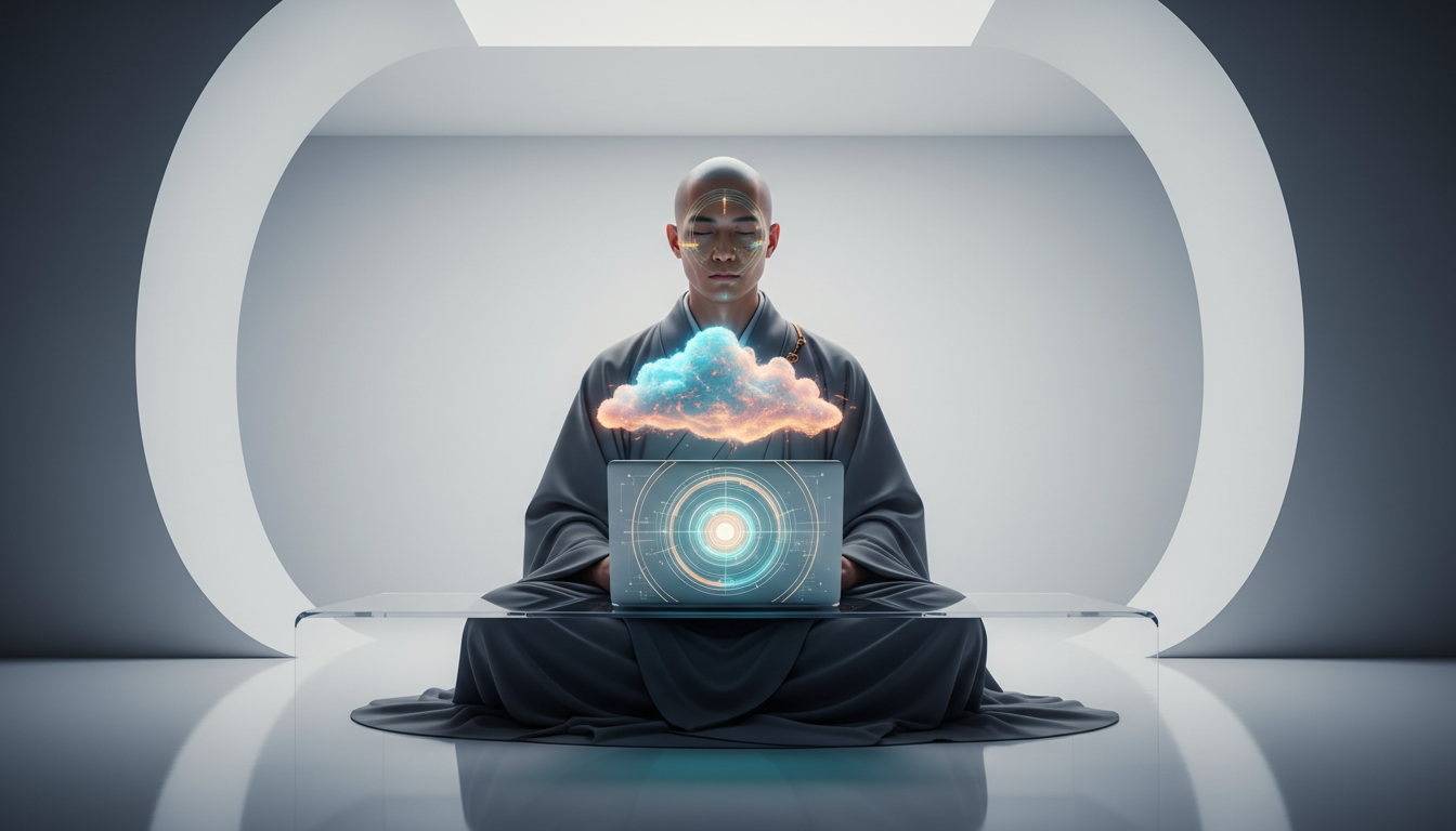 A Zen monk sitting in a modern high-tech office, surrounded by minimalist white space and a single glowing laptop, symbolizing the management of boredom and deep focus, high contrast, surrealist style.
