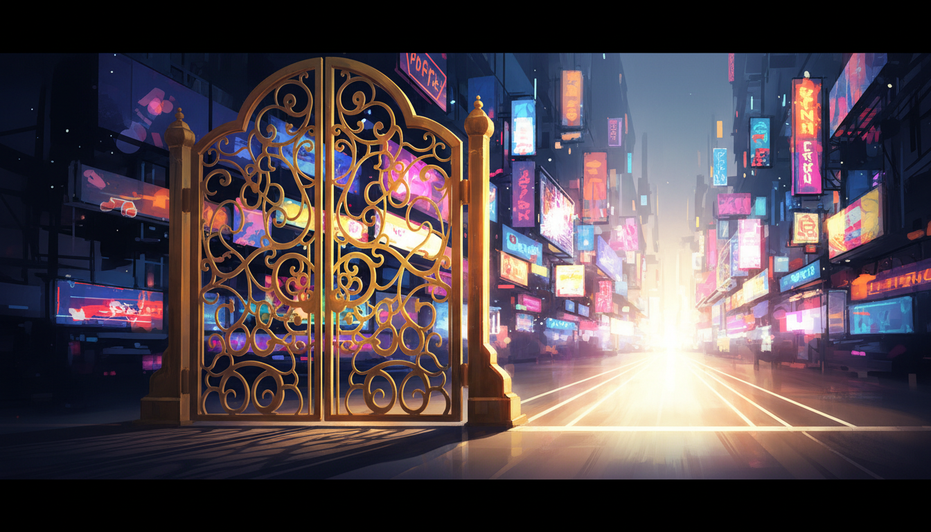 A conceptual image of a golden gate blocking out thousands of neon signs and distractions, leaving only one bright path open, representing the power of saying no and strategic focus, wide angle, 8k.