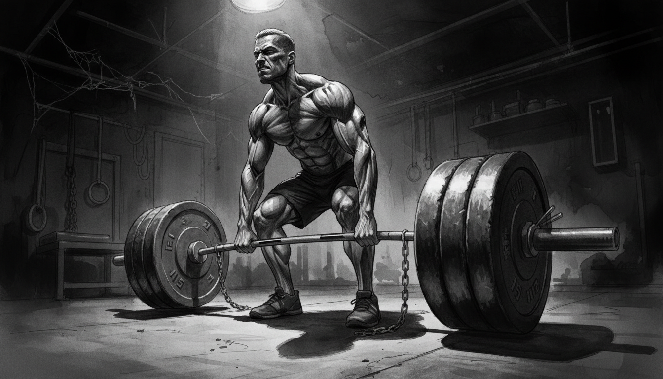 A high-contrast black and white shot of a powerful athlete lifting heavy weights in a dark garage gym, focus on intensity and discipline, representing physical foundation of mental resilience, dramatic shadows.