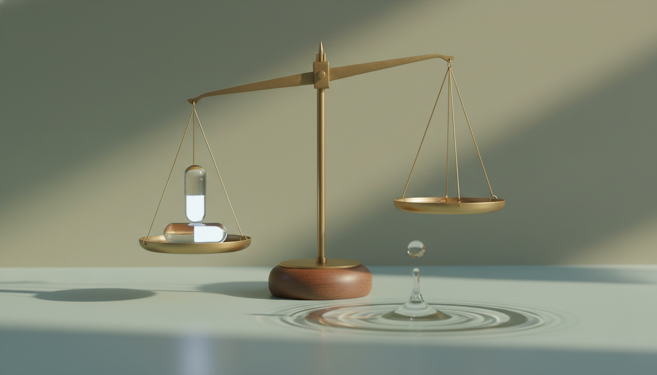 Una imagen minimalista de una balanza equilibrada: en un platillo hay una cápsula moderna y transparente, y en el otro una gota de agua cayendo en un estanque sereno, representando la integración del enfoque médico y la consciencia.