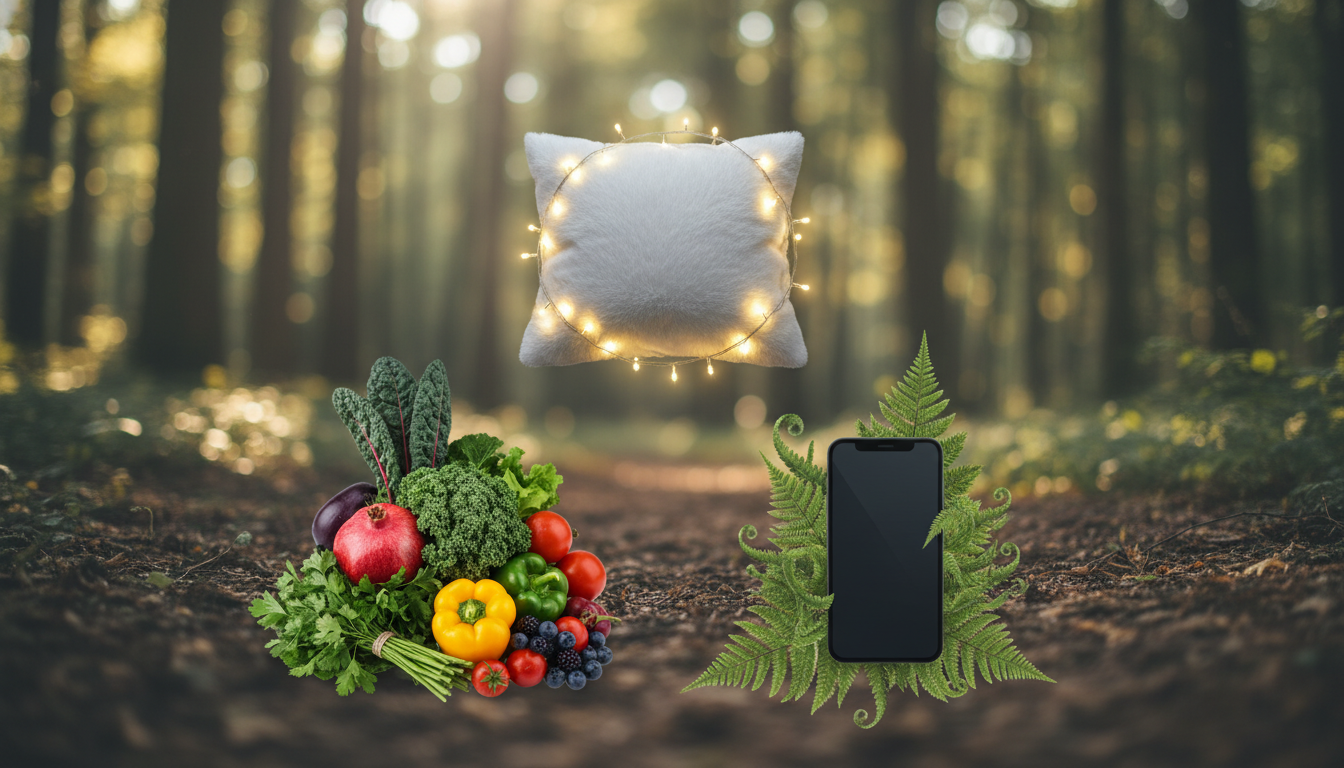 Composición artística que muestra los tres pilares del bienestar: una almohada rodeada de luces suaves (sueño), alimentos frescos vibrantes (nutrición) y un smartphone apagado siendo cubierto por hojas verdes (detox digital).