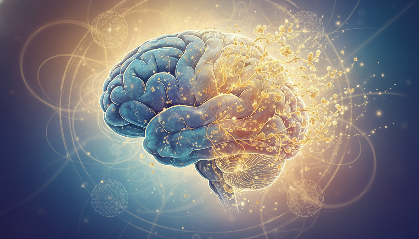 Ilustración abstracta de un cerebro humano donde las áreas de miedo se desvanecen en tonos fríos mientras nuevas conexiones doradas florecen en la corteza prefrontal, simbolizando el impacto del mindfulness en la neuroplasticidad.