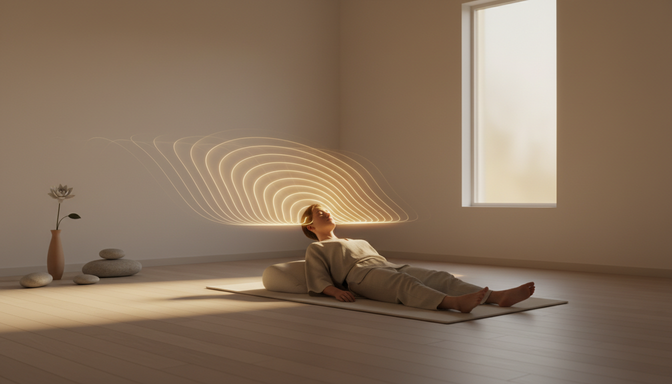 A serene person in a state of deep conscious relaxation, subtle golden energy waves radiating from the head representing neural reset, calm and minimalist environment.