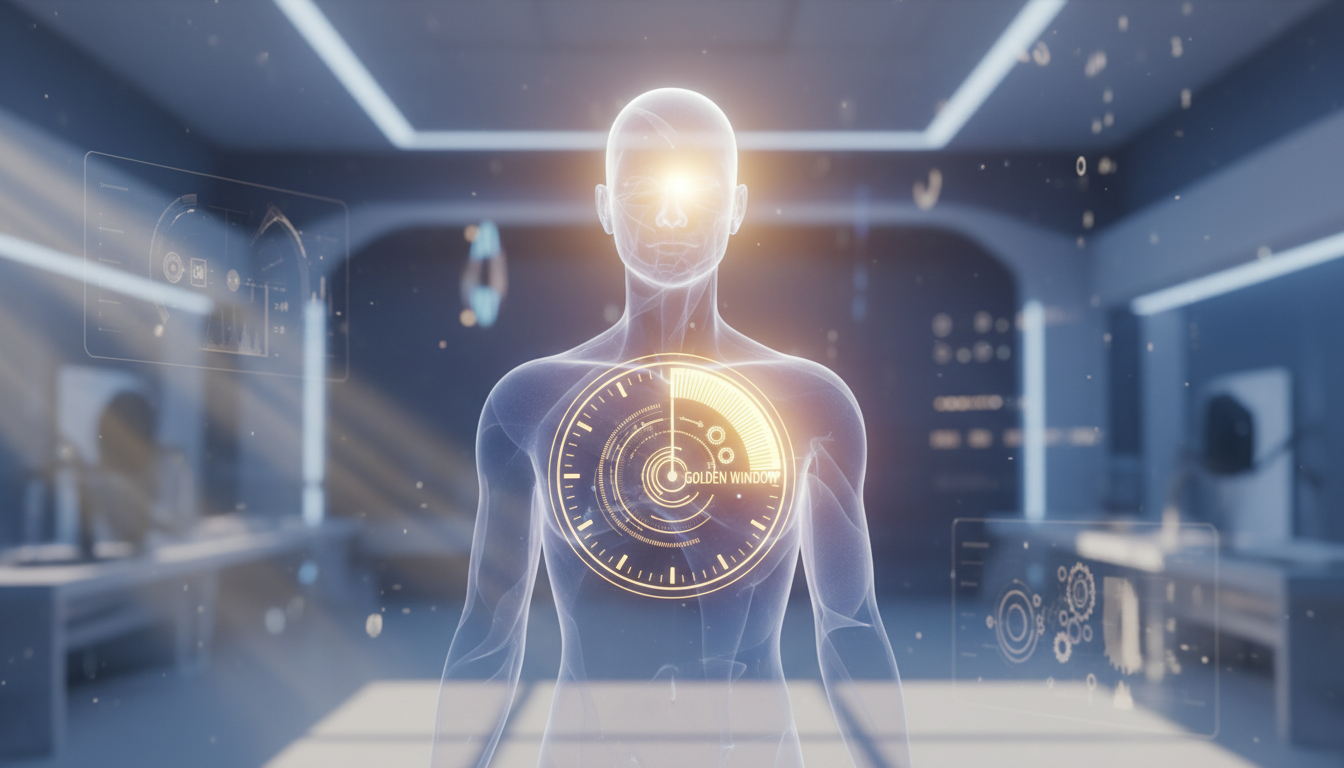 A biological clock graphic merged with a human silhouette, highlighting a glowing 'Golden Window' period of focus, morning sunlight filtering through, scientific and modern style.
