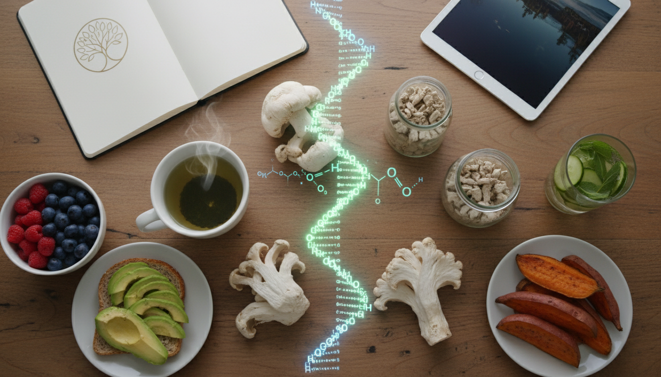 Top-down view of a biohacker's desk featuring green tea, lion's mane mushroom, and clean healthy foods, with a molecular diagram of a ketone body floating above, vibrant and sharp.