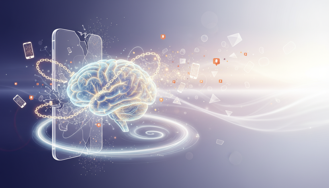 Visual representation of a brain breaking free from digital chains and smartphone notifications, entering a clean and focused flow state, symbolic and conceptual art.