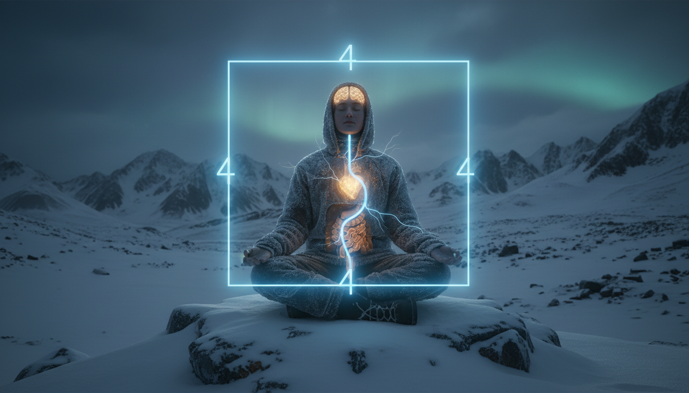 A person practicing box breathing in a cold environment, a glowing blue line representing the Vagus nerve from the brain to the heart, high contrast, feeling of resilience and calm.
