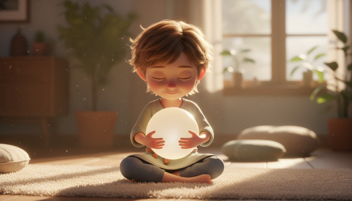 A small child sitting cross-legged, holding a glowing semi-transparent balloon against their stomach, soft focus, warm and comforting lighting, 3D Pixar-style render.