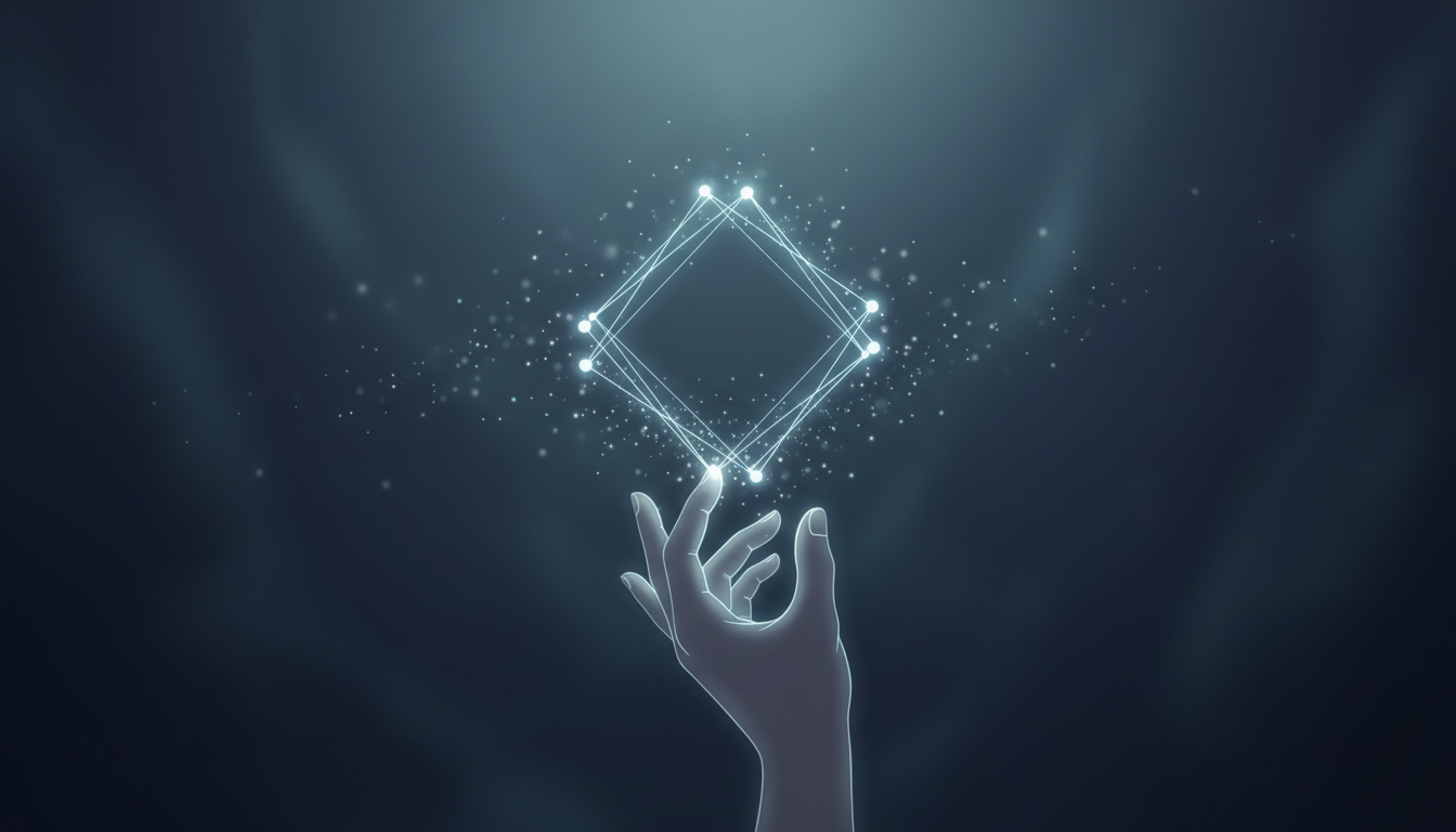 Minimalist illustration of a hand drawing a geometric square of light in the air, floating particles of dust, calm atmosphere, deep focus, high contrast.