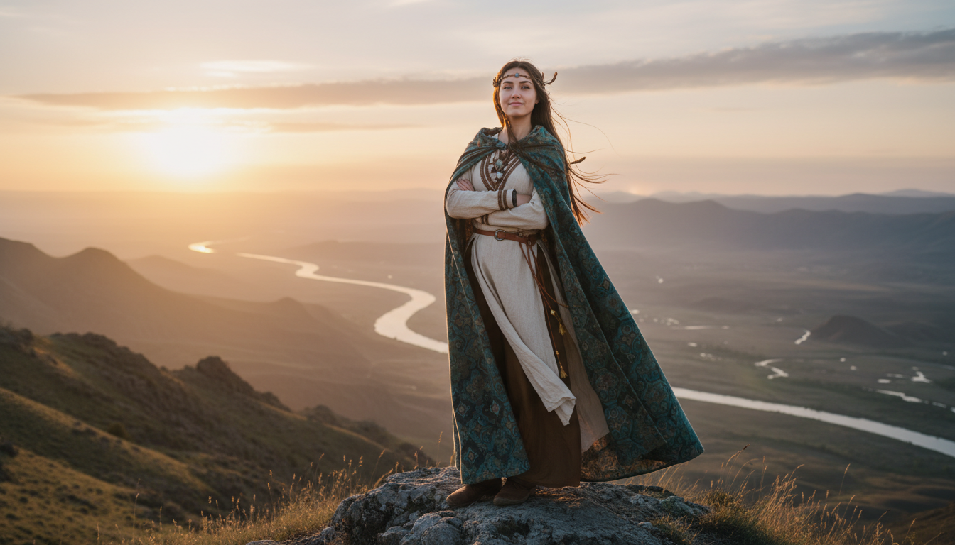 A young 'conscious warrior' standing tall and empowered on a hilltop at sunrise, looking confident and calm, wind blowing softly, epic cinematic composition.
