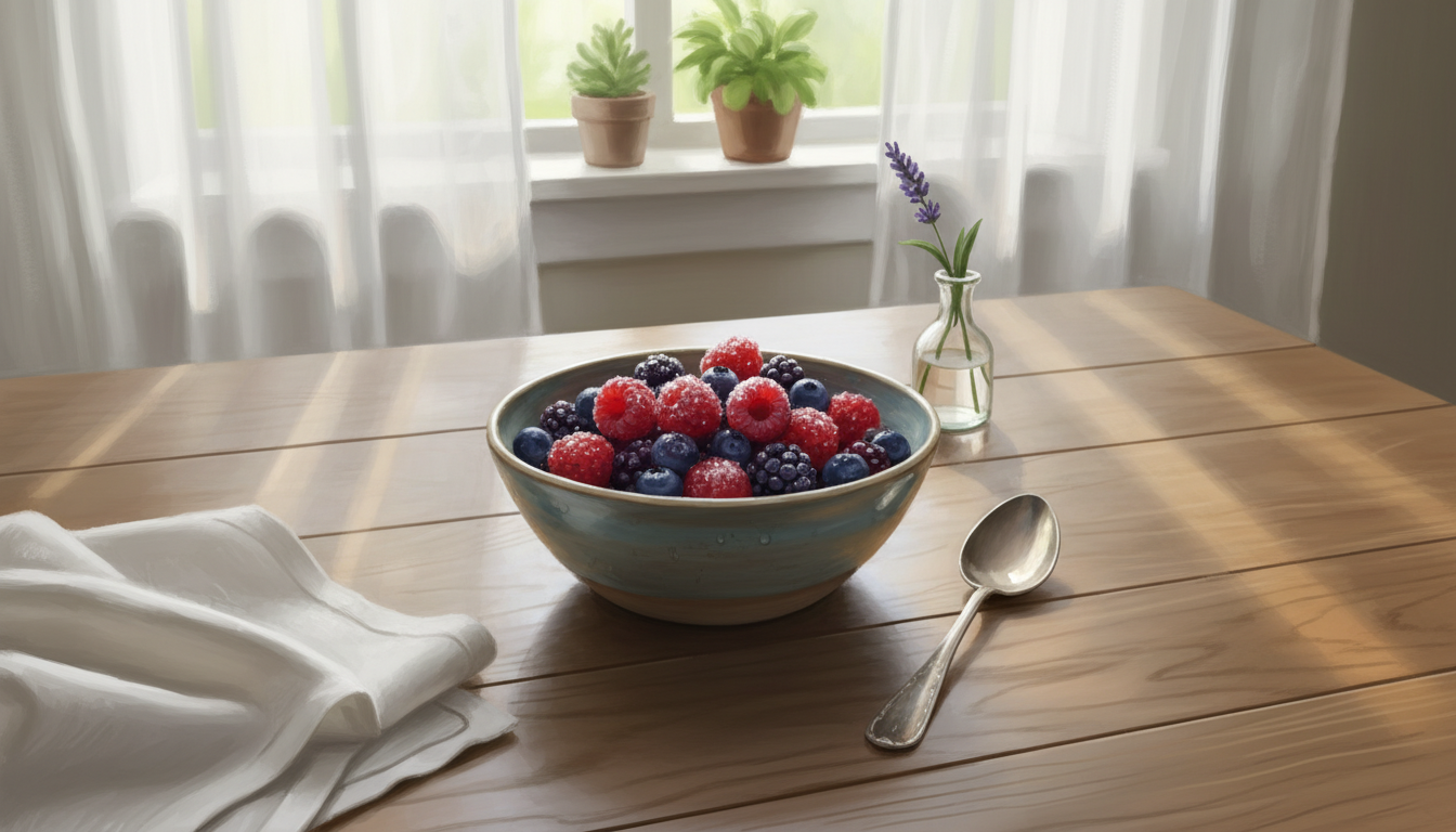 Soft sunlight filtering through linen curtains onto a clean, organized wooden table with a single small bowl of berries, realistic textures and calm mood.