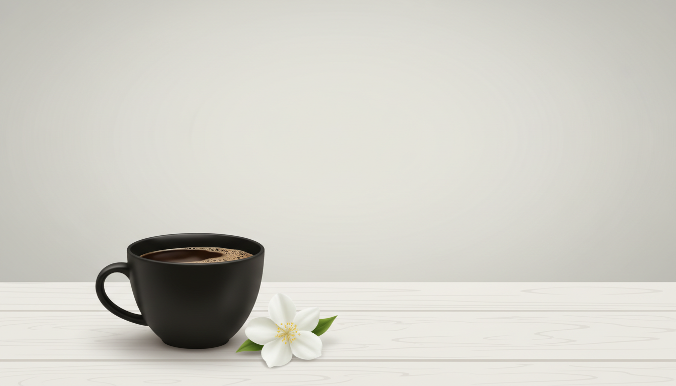 Minimalist composition of a black ceramic cup of coffee next to a white jasmine flower on a light wooden surface, zen and peaceful aesthetic.