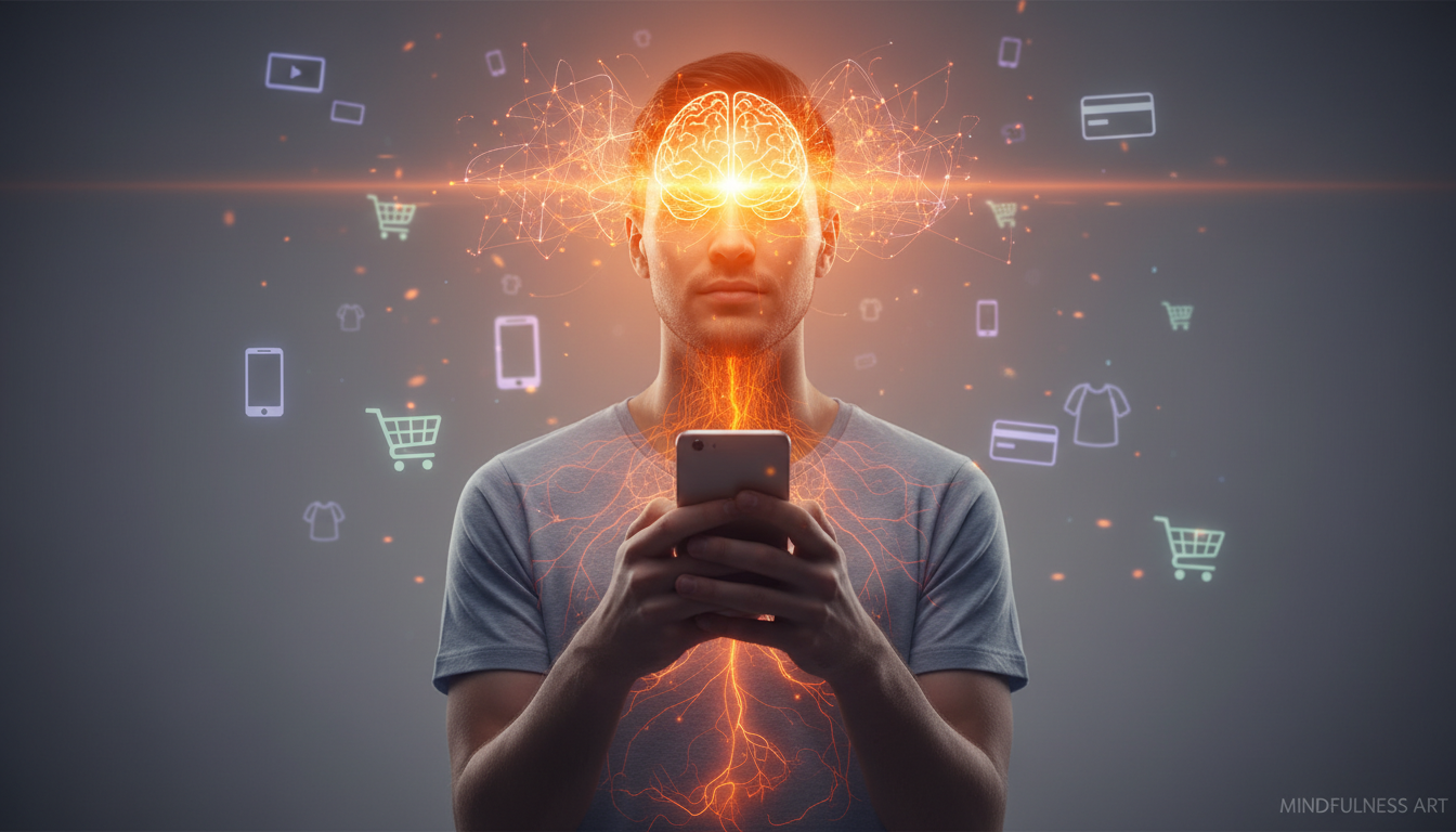Illustration of a person experiencing a digital dopamine spike represented by bright orange light in the brain while shopping, highlighting the somatic response to impulsive spending, artistic style.