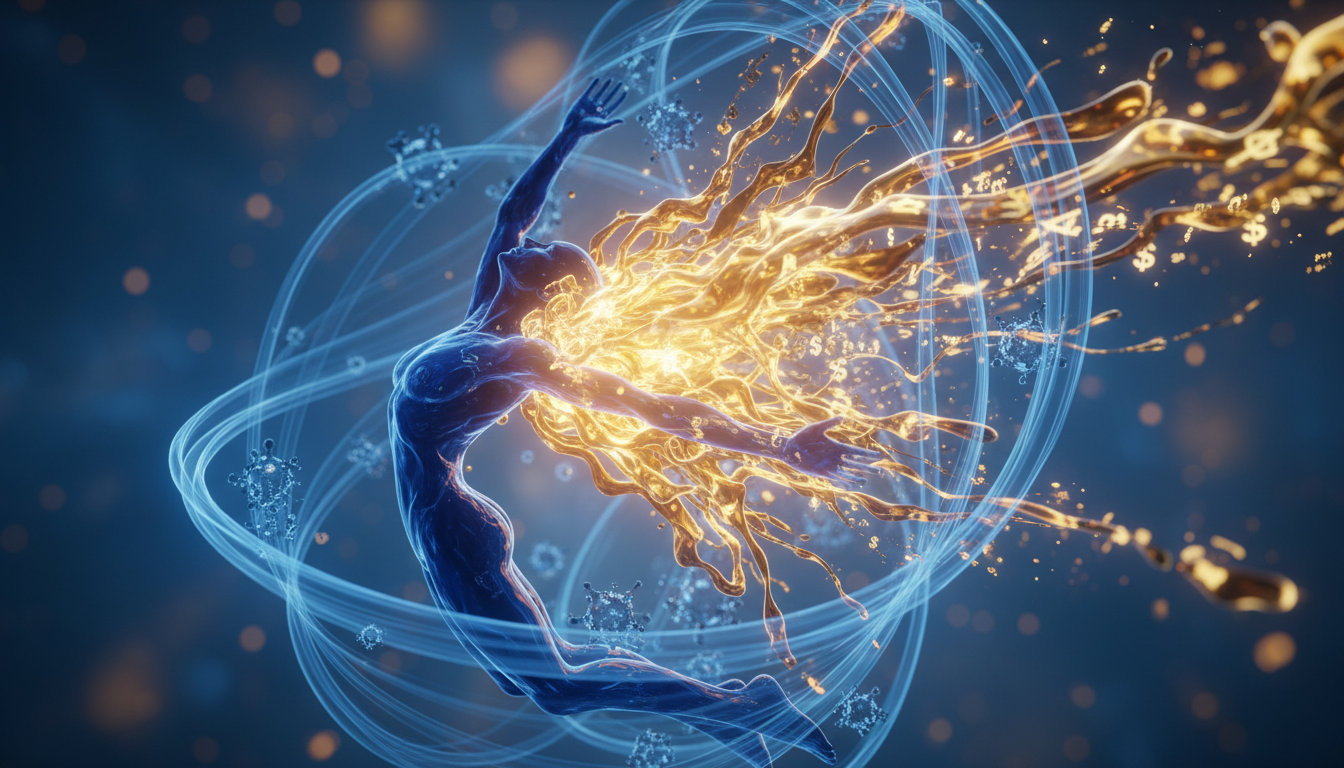 Abstract visual representation of a human body recoiling from a surge of golden light, symbolizing the biological rejection of wealth and the activation of the survival response, blue and gold tones.