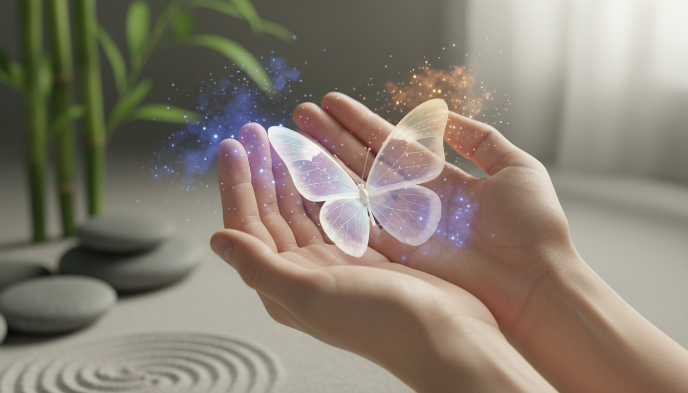 Visual metaphor of mindfulness: a person gently holding a translucent butterfly in their palms, with soft glowing particles representing the awareness of a difficult emotion without being consumed by it.