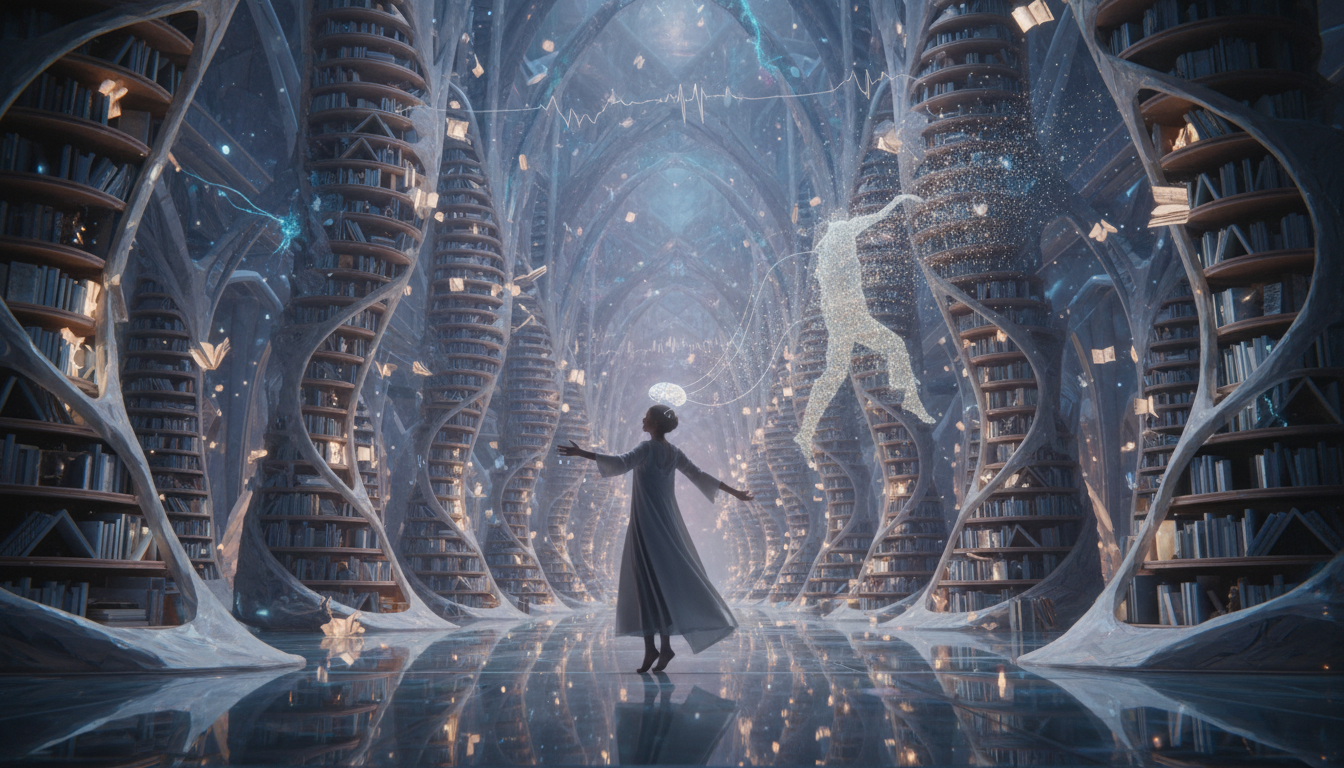 Abstract surrealism, a person trying to catch a fading silhouette made of stardust in a vast library of memories, symbolizing the brain's prediction error and the ghost of a lost bond.