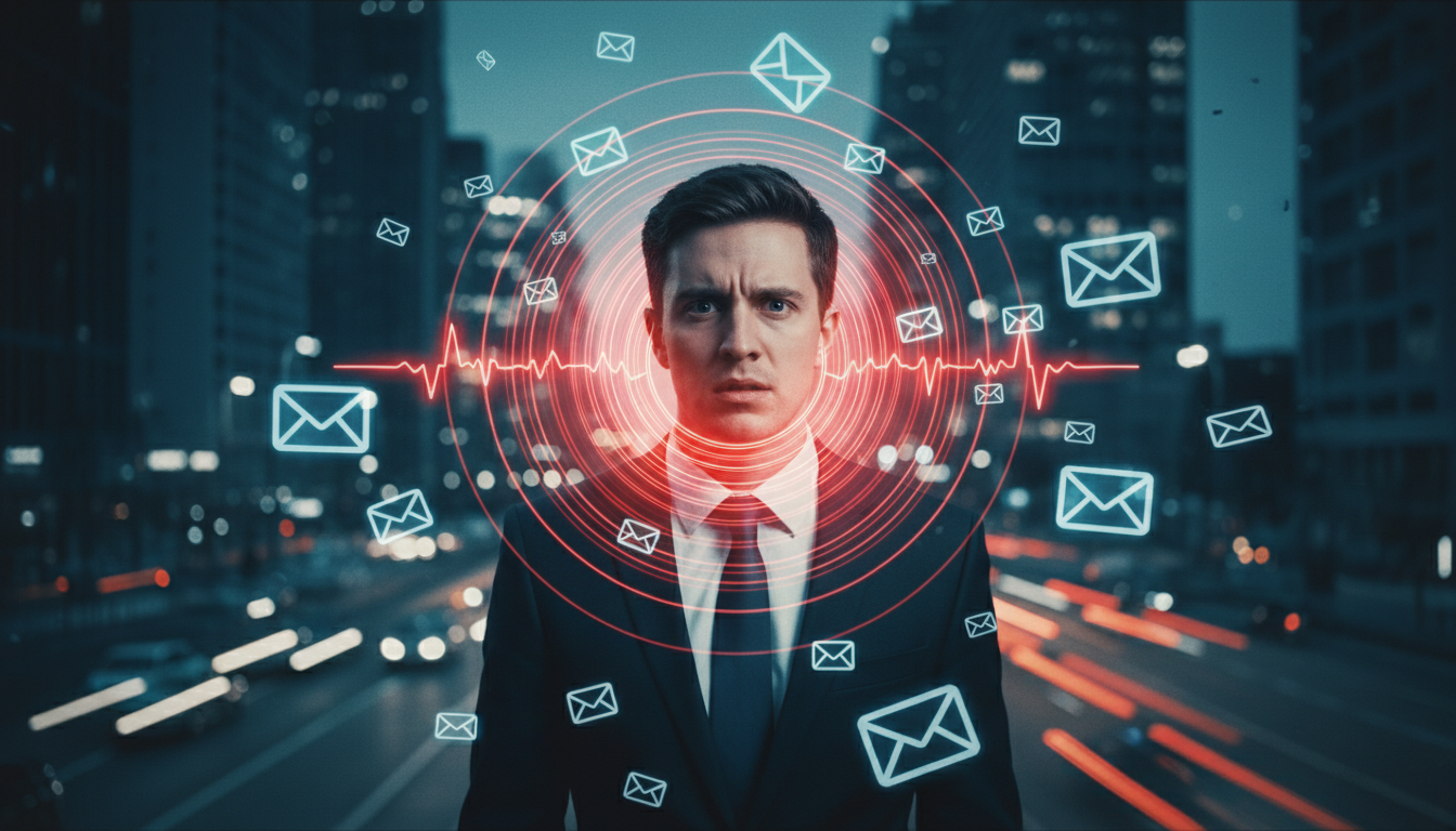 A conceptual artistic photo of a professional person in a suit, surrounded by floating digital clocks and email icons, with a visible red pulse around their neck and head representing chronic stress. Hyper-realistic, high contrast.