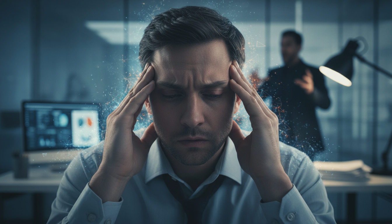 A close-up, high-detail photograph of a person in a professional setting looking visibly exhausted and mentally drained. Their eyes are tired, and they are holding their temples. In the background, a blurry, sharp-featured figure talks aggressively. Subtle digital effects suggest a glowing, fading energy field around the tired person, illustrating cognitive fatigue and glucose depletion. 8k, cinematic lighting.
