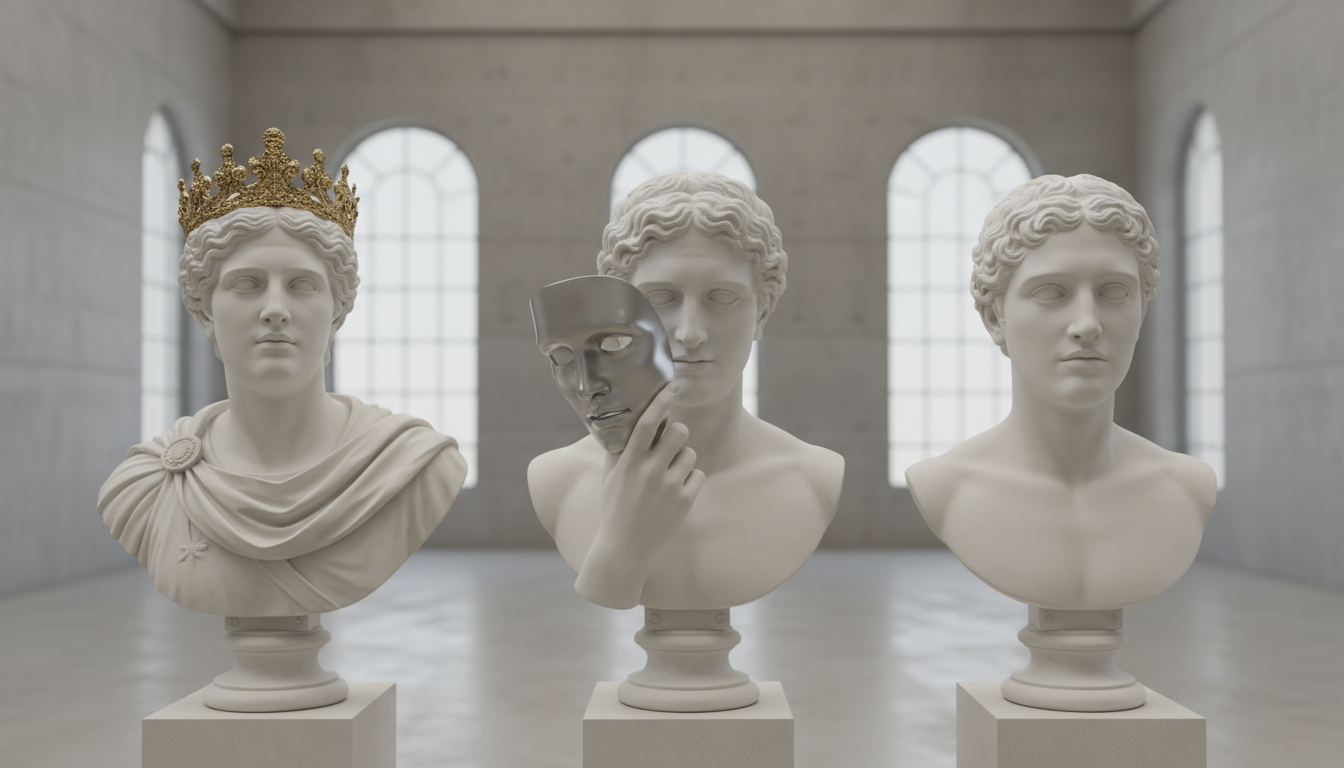 An artistic and clean visualization of the Dark Triad. Three marble busts in a minimalist gallery: one with a golden crown (Narcissism), one with a mask in hand (Machiavellianism), and one with a cold, blank stare (Psychopathy). Soft, professional studio lighting, shallow depth of field, architectural photography style.