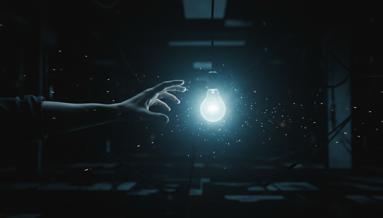 A metaphorical image representing dopamine addiction and intermittent reinforcement. A person's hand reaches out in the dark towards a glowing, ethereal light bulb that is flickering. The scene is moody and evocative, with a focus on the tension and the 'chase' for validation. High contrast, cinematic noir style, photorealistic.